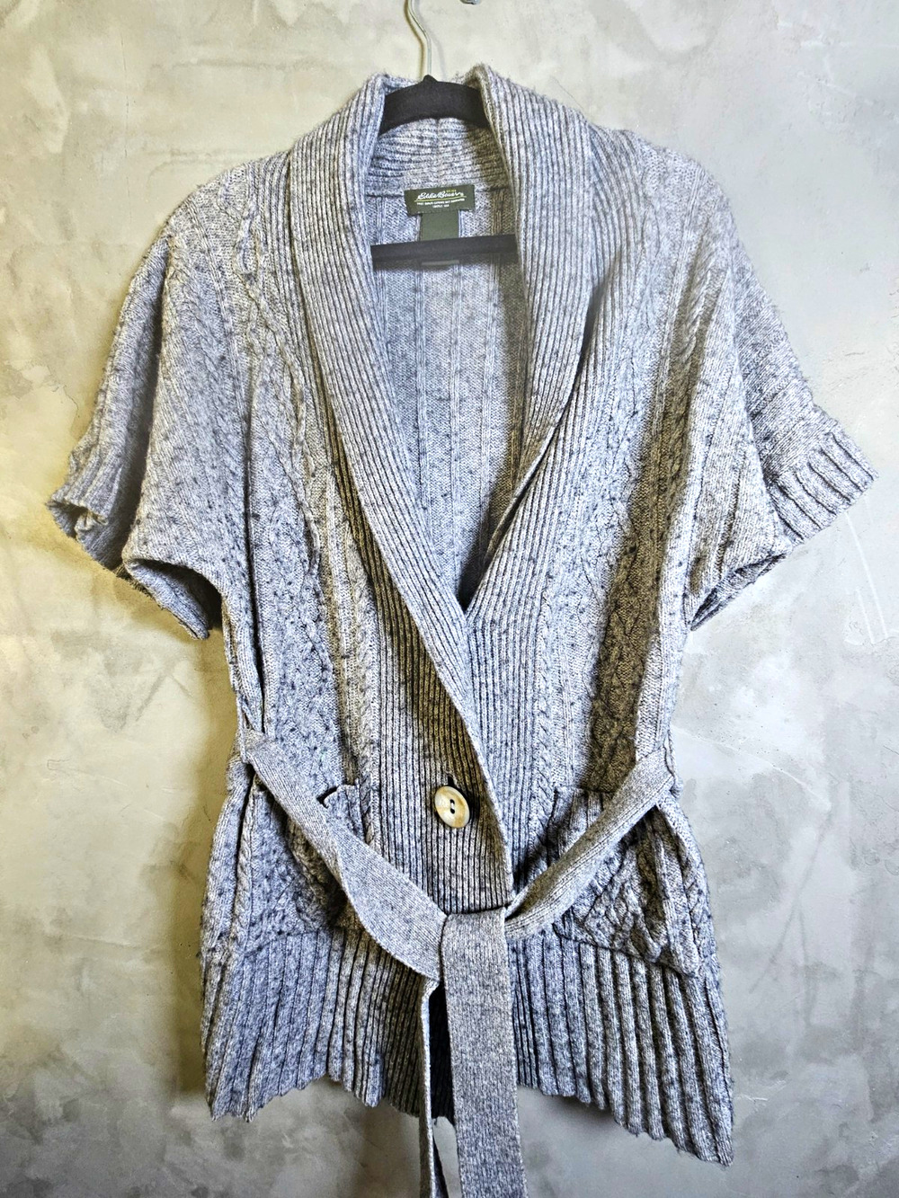 Eddie Bauer Womens Gray Cable-Knit Belted Button Front Cardigan Sweater Size M